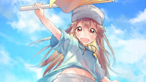動畫女孩在晴朗天空下持旗奔跑 — 細胞的工作 壁紙
