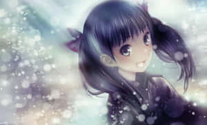 深色雙馬尾的動畫女孩在雪景中微笑，帶有閃爍和散景燈光。 — 美麗的動畫 壁紙