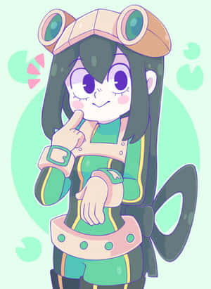 動畫女孩穿著綠色服裝和護目鏡，微笑著將手指放在嘴唇上。 — 蛙吹梅雨 壁紙