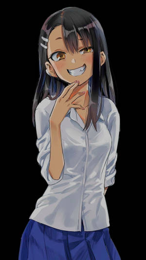 深色頭髮和金色眼睛的動畫女孩，穿著白色襯衫，微笑著觸摸下巴。 — 長瀞 壁紙