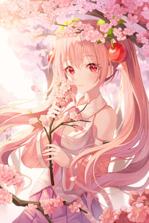 動畫女孩，粉紅色頭髮和櫻花花冠，拿著一枝花。 — 櫻島麻衣 壁紙