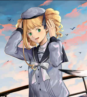 穿著水手服的動畫女孩在夕陽下的船甲板上微笑。 — 榮耀Magic V Flip 2 壁紙