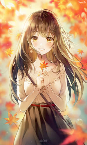 動畫女孩微笑著，拿著一塊發光的楓葉，周圍是飄落的秋葉。 — 可愛動漫女孩 壁紙