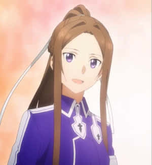 動畫女孩穿著紫色制服，長長的棕色頭髮和紫色眼睛，輕輕微笑。 — Galaxy Z Flip 8 壁紙