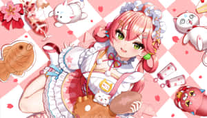 動畫女孩穿著女僕裝拿著貓形糕點，漂浮糖果和貓咪。 — 可愛動漫頭貼 GIF 壁紙