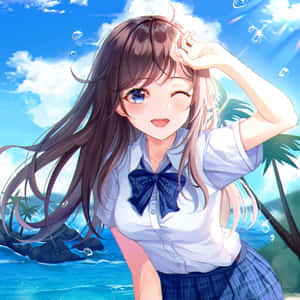 穿著校服的動畫女孩在海邊微笑，有棕櫚樹和泡泡。 — 可愛動漫女孩 壁紙