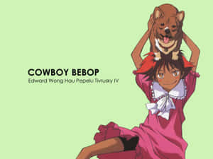 動畫女孩穿著粉紅色連衣裙，頭上頂著柯基犬，帶有文字 Cowboy Bebop — 動漫筆電 壁紙