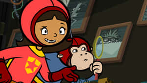 女孩和猴子穿著超級英雄裝備，用放大鏡檢查一幅裱框圖片。 — Pbs Kids 壁紙