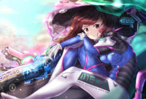 動畫女孩穿著未來機甲服，配以發光科技和櫻花。 — Surface 壁紙