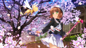 動畫女學生穿著校服，在櫻花中拿著粉紅色魔杖和小飛行動物。 — 庫洛魔法使 壁紙
