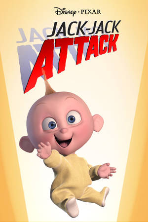 一個微笑的嬰兒角色在黃色漸變背景上漂浮，帶有 'Jack-Jack Attack' 文字。 — 無眼傑克 壁紙