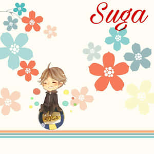動畫男孩坐在排球上，周圍有色彩繽紛的花朵和紅色的名字Suga。 — 咒術迴戰 壁紙