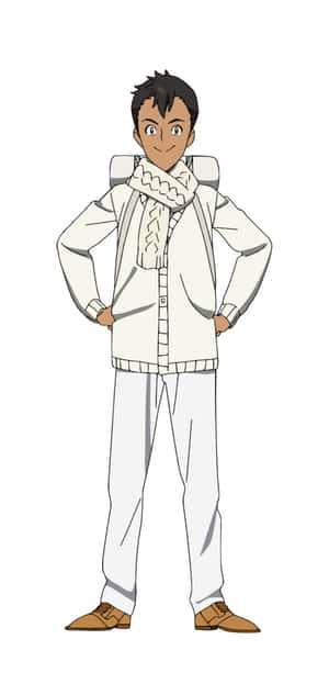 動畫角色身穿白色冬季服裝，搭配圖案圍巾和棕色鞋子。 — Pixel 3 壁紙