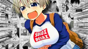 動畫男孩在漫畫風格背景中穿著「SUGOI DEKAI」襯衫。 — 日本動漫 壁紙