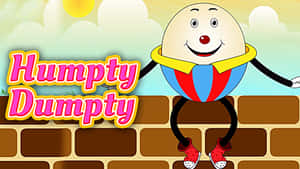 卡通 Humpty Dumpty 坐在磚牆上，面帶微笑，穿著色彩繽紛的服裝。 — 可愛粉彩風格 壁紙