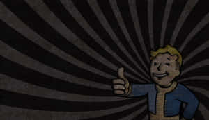 卡通角色Vault Boy在黑暗的放射狀背景前做出豎起大拇指的手勢。