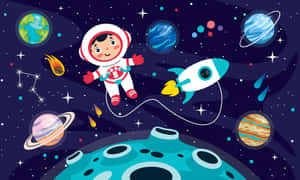 一個卡通太空人與火箭和色彩繽紛的行星一起漂浮在太空。 — 太空美學動圖 壁紙
