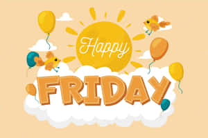Happy Friday 祝福，太陽、小鳥和氣球在雲上 — 乾淨 壁紙