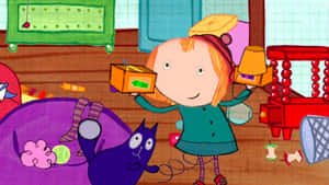 一個卡通女孩在凌亂的房間裡拿著燈，旁邊有一隻紫色貓咪。 — Pbs Kids 壁紙