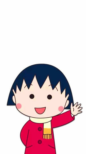 一個微笑的卡通女孩穿著紅色外套和黃色圍巾揮手。 — 櫻島麻衣 壁紙