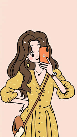 一個穿著黃色連身裙的卡通女孩用橙色電話自拍。 — 動漫女孩 壁紙