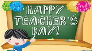 小孩指著帶有「Happy Teacher's Day」訊息和絨球的黑板。 — 老師 壁紙