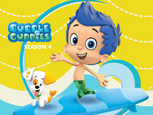 卡通男孩和狗在藍色板上衝浪，帶有「Bubble Guppies Season 4」標誌。 — 泡泡小隊 壁紙