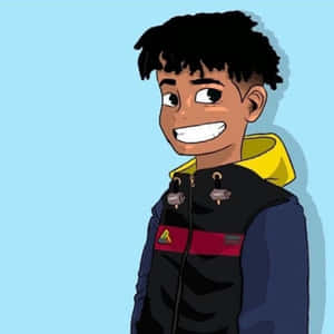 一個開心的卡通男孩穿著色彩繽紛的夾克，在藍色背景上微笑。 — TikTok 動圖 壁紙