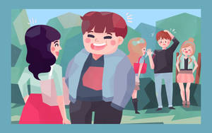 朋友們在色彩繽紛的戶外場景中大笑和互動。 — 杜娃·黎波 壁紙