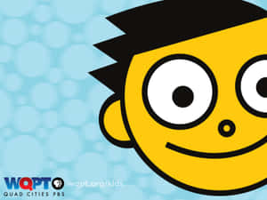 黃色臉孔和黑色頭髮的卡通角色在藍色泡泡背景上微笑。 — Pbs Kids 壁紙
