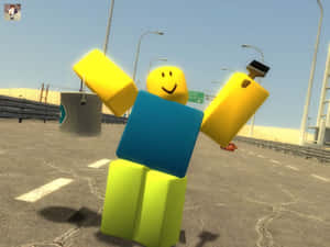 方塊形Roblox角色，黃色手臂和藍色身軀，站在路上。 — 酷炫 Roblox 壁紙