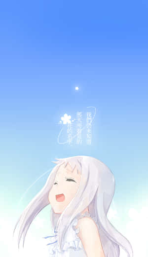 白髮動漫女孩在藍天中對著一顆星星微笑，有漂浮文字。 — 華為Pura X View 壁紙