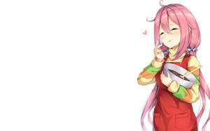 粉紅色頭髮的動漫女孩拿著一碗湯並眨眼 — 可愛 壁紙