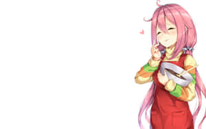 粉紅色頭髮的動漫女孩拿著一碗湯微笑 — 冬季風景 壁紙