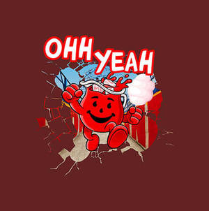 紅色卡通杯角色穿過牆壁，帶有「OH YEAH」文字。 — Kool Aid 小幫手 壁紙