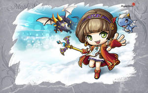 綠眼紅斗篷的小蘿莉拿著魔法杖，附近有兩條龍在飛。 — 電玩遊戲 GIF 壁紙