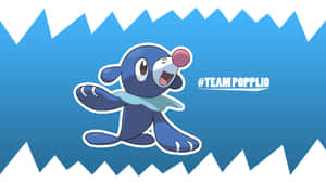 Popplio 吉祥物在藍色背景上跳躍，表情開心，背景有鋸齒狀白色邊框。 — 寶可夢 壁紙