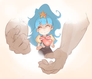 藍髮動漫女孩拿著星星，捧著一顆心，被巨大的素描手環抱。 — 白色百合花 壁紙