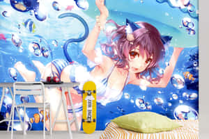 貓耳動漫女孩與魚和氣泡一起在水底游泳。 — 動漫貓 壁紙