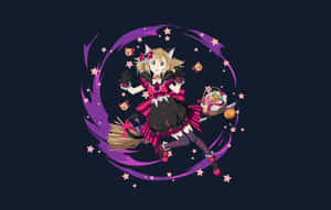 動漫女巫騎著掃帚飛行，伴有星星和魔法漩渦 — 刀劍神域 壁紙