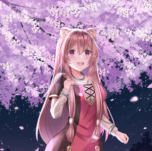 夜晚櫻花樹下的貓耳動漫女孩 — 盾之勇者 壁紙