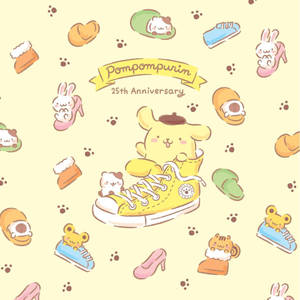 Pompompurin 25 週年紀念插圖，鞋子與配件中有可愛的動物。 — 可愛卡通 壁紙