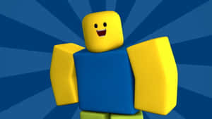 一個方塊數位頭像，在藍色背景前露出開心表情。 — 酷炫 Roblox 壁紙