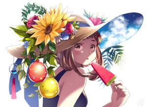 戴花帽的動漫女孩在陽光明媚的日子裡吃西瓜冰棒。 — 三島一八 壁紙