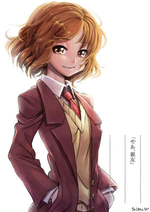穿著校服的動漫女孩，波浪般的棕色頭髮，微笑 — 佐助 須佐能乎 壁紙