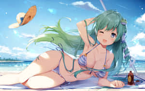 藍綠色頭髮的動漫女孩在陽光明媚的海灘上穿著條紋比基尼放鬆。 — 海灘度假 壁紙