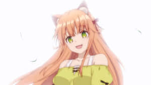 擁有貓耳朵和綠色眼睛的動漫女孩，穿著黃色連衣裙微笑。 — 鬼殺隊 善逸 壁紙