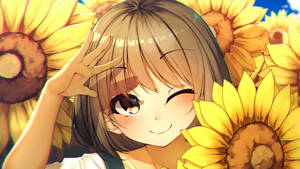 動漫女孩在陽光明媚的日子裡在向日葵中微笑。 — 可愛動漫女孩 壁紙