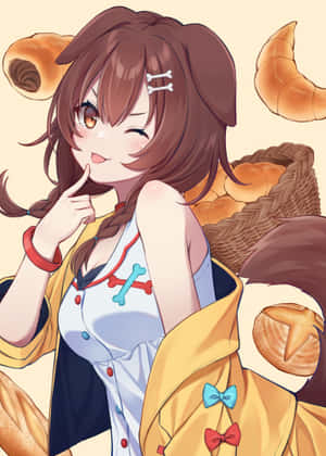 動漫女孩戴著骨頭髮夾和蝴蝶結，微笑著站在一籃新鮮麵包卷旁邊。 — OnePlus Pad 4 壁紙