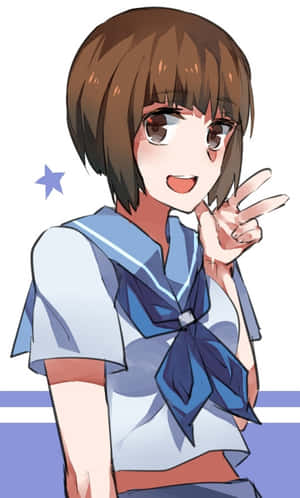 穿著水手服的動漫女孩微笑比出和平手勢 — Galaxy Tab A 壁紙